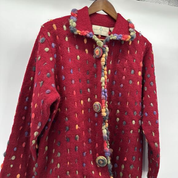 Design Options Cardigan Sweater Womens Large Red Multicolor Art Button Wool - Picture 2 of 15